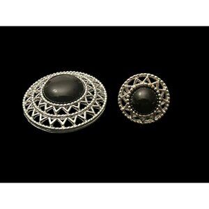 Sarah Coventry Jet Set Black Lucite Cabochon Starburst Brooch & Ring Set 1970s